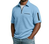 CGGMVCG Polo da uomo con cerniera a un quarto di lunghezza, maglia a nido d'ape, a maniche corte, per golf, tennis, estate, casual, elegante, abbigliamento alla moda, tinta unita, Azzurro, M