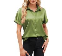 CGGMVCG Top Estivo da Donna Primavera Estate Camicia da Donna a Maniche Corte in Raso di Seta Sciolto Casual Girocollo Camicette, Z05 Verde, M