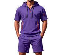 CGGMVCG Tuta da uomo a maniche corte Set 2 pezzi con cappuccio e pantaloncini con tasca con cerniera Tuta casual Athletic Loungewear Outfit estivo tinta unita Co Ord, Viola, XL