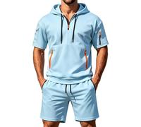 CGGMVCG Tuta da uomo a maniche corte Set 2 pezzi con cappuccio e pantaloncini con tasca con cerniera Tuta casual Athletic Loungewear Outfit estivo tinta unita Co Ord, Azzurro, XXL