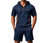 CGGMVCG Tuta da uomo a maniche corte Set 2 pezzi con cappuccio e pantaloncini con tasca con cerniera Tuta casual Athletic Loungewear Outfit estivo tinta unita Co Ord, Marina Militare, 3XL