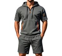 CGGMVCG Tuta da uomo a maniche corte Set 2 pezzi con cappuccio e pantaloncini con tasca con cerniera Tuta casual Athletic Loungewear Outfit estivo tinta unita Co Ord, Grigio scuro, XL