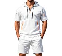 CGGMVCG Tuta da uomo a maniche corte Set 2 pezzi con cappuccio e pantaloncini con tasca con cerniera Tuta casual Athletic Loungewear Outfit estivo tinta unita Co Ord, bianco, L