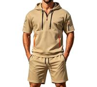 CGGMVCG Tuta da uomo a maniche corte Set 2 pezzi con cappuccio e pantaloncini con tasca con cerniera Tuta casual Athletic Loungewear Outfit estivo tinta unita Co Ord, cachi, M