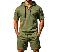 CGGMVCG Tuta da uomo a maniche corte Set 2 pezzi con cappuccio e pantaloncini con tasca con cerniera Tuta casual Athletic Loungewear Outfit estivo tinta unita Co Ord, Verde militare, XXL