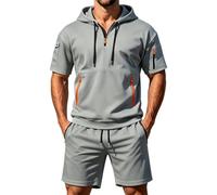 CGGMVCG Tuta da uomo a maniche corte Set 2 pezzi con cappuccio e pantaloncini con tasca con cerniera Tuta casual Athletic Loungewear Outfit estivo tinta unita Co Ord, Grigio, 3XL