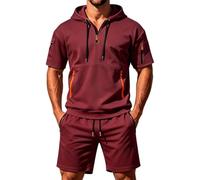 CGGMVCG Tuta da uomo a maniche corte Set 2 pezzi con cappuccio e pantaloncini con tasca con cerniera Tuta casual Athletic Loungewear Outfit estivo tinta unita Co Ord, vino, XXL