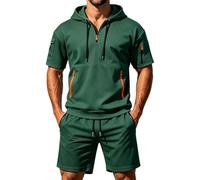 CGGMVCG Tuta da uomo a maniche corte Set 2 pezzi con cappuccio e pantaloncini con tasca con cerniera Tuta casual Athletic Loungewear Outfit estivo tinta unita Co Ord, Verde, XL