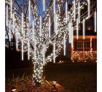 CGUOZI 80cm 8 Tubes 576 LEDS Luci di pioggia di meteora doccia, impermeabile Luci di stringa per Natale Halloween Albero del giardino Home decor, Supporto 2 Set di gancio Bianco
