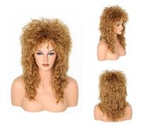 CGVG Parrucca con gonna anni '70 anni '80 con orecchini, collana Vokuhila, parrucca da donna, gonna diva, per feste a tema, carnevale, feste (marrone)