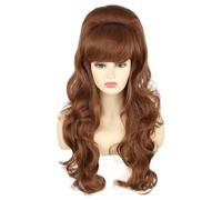CGVG Parrucca da donna con alveare anni '70 anni '80, lunga e riccia, con frangia, per donne, cosplay, Halloween, carnevale, feste in costume (marrone)