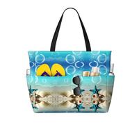 CHAbu Borsa da spiaggia impermeabile con stella marina e conchiglie, grande capacità, con cerniera e tasche, per viaggi, vacanze, palestra, nuoto, Nero , Taglia unica