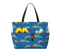 CHAbu Borsa da spiaggia impermeabile con tartaruga marina, delfino e pesce, grande capacità, con cerniera e tasche, per viaggi, vacanze, palestra, nuoto, Nero , Taglia unica