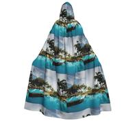 CHAbu Mantello con cappuccio per adulti con alberi di cocco tropicali, mantello lungo unisex, mantello da vampiro strega per giochi di ruolo, feste in costume, palcoscenico, 150 cm