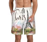 CHAbu Parigi Torre Eiffel Pantaloncini da spiaggia da uomo hawaiano pantaloni da surf ad asciugatura rapida fodera in rete estiva passeggiate golf sport, bianco, L