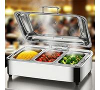 Chafing Dish Elettrico, 9L Scaldavivande Commerciale Contenitore Scalda Cibo Acciaio Inox con on Coperchio in Vetro Trasparente, Scaldavivande Elettrico per Buffet e Feste (GN1/3)