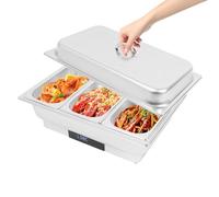 Chafing Dish elettrico in acciaio inox da 9 l, con coperchio e touch screen digitale, per buffet, 35-90 °C, per ristoranti e feste, 56 x 26 x 36 cm (3 scomparti, 9 l)