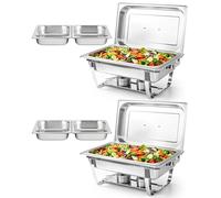 Chafing Dishes Buffet 2pcs, 9L, Scalda Vivande Portatile Rettangolare con Coperchio a Scomparsa [2 Vaschette Intere 4 Mezze Vaschette] Scaldavivande per Feste, Compleanni, Festività, Eventi in Chiesa
