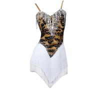 CHAGMEA Abito da Ballo Latino con Stampa Leopardata Cha Cha Concorso Abito da Ballo Abbigliamento da Ballo per Rumba Samba Frange,S