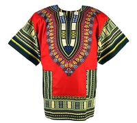 CHAINUPON Camicia Africana Dashiki in Cotone, Stile Tribale, Festival, Boho, Anni 60's 70's, Hippie, Caftano, Rosso, S