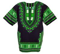 CHAINUPON Camicia Africana Dashiki in Cotone, Stile Tribale, Festival, Boho, Anni 60's 70's, Hippie, Caftano, Nero verde, XL