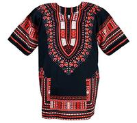 CHAINUPON Camicia africana Dashiki in cotone tribale festival boho anni '60 '70 hippie caftano, Nero e rosso, M