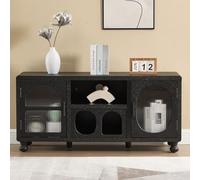 chairus Credenza Ingresso in MDF con 4 Scomparti Credenza Basso con 2 Ante in Vetro Tavolino Contenitore da Salotto con Gambe in Legno per Soggiorno/Camera da Letto/TV, Nero