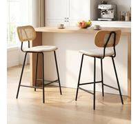 chairus Set di 2 Sgabelli Cucina Sgabello da Bar con Schienale in Rattan, Bianco