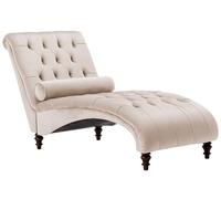 Chaise Longue Velluto Beige Stile Chesterfield con Bottoni Gambe in Legno