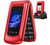 CHAKEYAKE 4G Telefono Cellulare per Anziani,Dual SIM, Flip Telefoni Cellulari con Tasti Grandi, Funzione SOS, Volume alto, 2.4"+1.77" Doppio Display, Torcia, Base (Rosso)