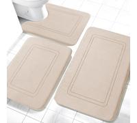 chakme Set di 3 tappetini da bagno in morbida memory foam e tappetino per WC a forma di U, antiscivolo e lavabili, beige