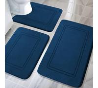 chakme Set di 3 tappetini da bagno, in morbido memory foam e tappetino per WC a forma di U, antiscivolo, lavabile, set di tappetini da bagno, blu navy
