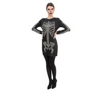 Chaks - Abito da donna, costume da scheletro nero con strass, maniche lunghe, outfit elegante per Halloween e Carnevale