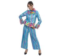 Chaks - Abito glitterato da donna, 2 pezzi, con giacca e pantaloni effetto metallizzato e pelliccia sintetica, costume per carnevale e festival