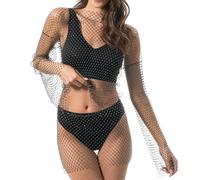 Chaks - Abito in rete glitterata da donna nero, look trasparente con strass come copricostume per festival, spiaggia e feste