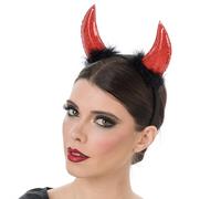 Chaks - Cerchietto con corna da diavolo, rosso glitterato con peluche, accessori per costumi da demone per Halloween, Carnevale e feste