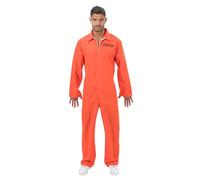 Chaks - Costume da detenuto, tuta arancione, numero di matricola e scritta "Party's Over", tuta per Halloween e Carnevale