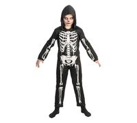 Chaks - Costume da scheletro con cappuccio per bambini, tuta nera con stampa di ossa, travestimento per Halloween e Carnevale