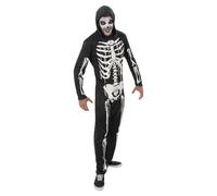 Chaks - Costume da scheletro con cappuccio, tuta nera con stampa a ossa, travestimento per Halloween e Carnevale