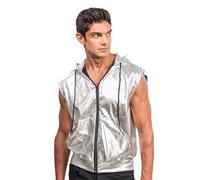 Chaks - Giacca con cappuccio, metallizzata, senza maniche con zip, gilet per festival, feste, party a tema discoteca