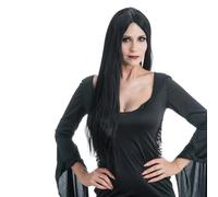 Chaks - Parrucca Morticia Addams, parrucca ufficiale Mercoledì con capelli lunghi, nera, capelli sintetici lisci, accessorio per costumi