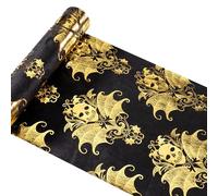 Chaks - Runner da tavola, 3 m x 28 cm, nero con motivi dorati a forma di teschi e pipistrelli, decorazioni per Halloween