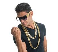 Chaks - Set di gioielli Hip Hop 4 pezzi, accessori per costumi da rapper anni '80-'90 con 2 catene d'oro, anello del dollaro, occhiali