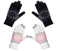 Chalier Fashion 2 Paia Donna Guanti Invernali Caldi Touchscreen con Motivo a Fiocco di Neve, Neri+Bianchi