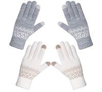 Chalier Fashion 2 paia Guanti Invernali Caldi Touchscreen da Donna con Motivo a Onde, Bianco+Grigio