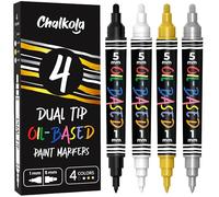 Chalkola 4 Pennarelli a Base di Olio - Penne per Dipingere a Doppia Punta (Punta Sottile da 1mm + Punta da 5mm, Bianco, Nero, Oro & Argento) | Impermeabili e Permanenti per Metallo, Pneumatici Auto