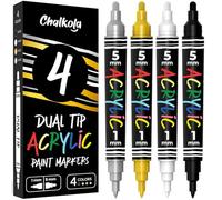 Chalkola 4 pennarelli acrilici a doppia punta (bianco, nero, oro e argento) punta fine da 1 mm e punta media da 5 mm, pennarelli indelebili per pittura su roccia, plastica, legno, ceramica, vetro