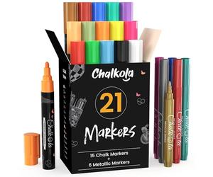 Chalkola Pennarelli a Gesso liquido e Colori Metallici - Confezione da 21 pennarello a gessi - Per Lavagne di Gesso, Lavagne Bianche, Finestre, Etichette, Bistrot - Punta da 6 mm