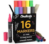 Chalkola - Pennarelli a gesso liquido e colori metallizzati, confezione da 16 pennarelli a gesso per lavagne, lavagne, finestre, vetro, bistrot | inchiostro cancellabile reversibile da 6 mm