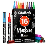 Chalkola Pennarelli a Gesso Punta Extra Fine 1mm per Lavagne e Vetro (Set 16 Pezzi) | Marcatori Lavabili per Finestre, Lavagne Magnetiche, Specchi | Gessetti Liquidi Sottili Cancellabili